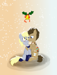 Size: 1944x2592 | Tagged: safe, artist:estela96, derpy hooves, doctor whooves, time turner, pegasus, pony, g4, bell, christmas, clothes, female, holly, male, mare, scarf, ship:doctorderpy, shipping, snow, snowfall, straight