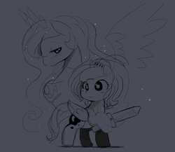 Size: 620x539 | Tagged: safe, artist:ende26, princess celestia, princess luna, g4, cute, filly, woona, woona knight