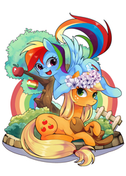 Size: 850x1189 | Tagged: safe, artist:huaineko, derpibooru exclusive, applejack, rainbow dash, earth pony, pegasus, pony, g4, apple, dirt cube, duo, duo female, female, fence, floral head wreath, flower, flying, food, freckles, lesbian, mare, open mouth, open smile, pixiv, rainbow, ship:appledash, shipping, smiling, spread wings, tree, wings, zap apple