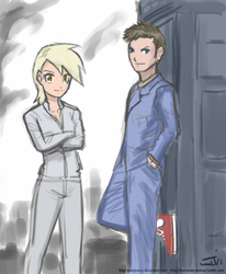 Size: 659x800 | Tagged: safe, artist:dishdude87, artist:johnjoseco, derpy hooves, doctor whooves, time turner, human, g4, david tennant, doctor who, humanized, leaning, male, ship:doctorderpy, shipping, sneakers, straight, tardis, tenth doctor, tracksuit