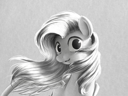 Size: 1024x768 | Tagged: safe, artist:chryseum, fluttershy, pegasus, pony, g4, female, grayscale, mare, monochrome, solo, windswept mane