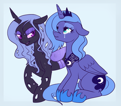 Size: 600x525 | Tagged: safe, artist:lulubell, princess luna, oc, oc:queen carapace, alicorn, changeling, changeling queen, pony, g4, changeling queen oc, crying, female, hoof shoes, purple changeling, s1 luna, story included, younger