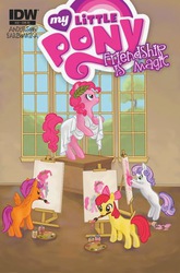 Size: 523x794 | Tagged: safe, artist:alison blackwell, idw, apple bloom, pinkie pie, scootaloo, sweetie belle, g4, canvas, clothes, cover, cutie mark crusaders, idw advertisement, paint, paint on fur, paintbrush, painting, rearing, toga