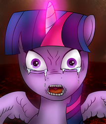 Size: 1500x1750 | Tagged: safe, artist:katsu, twilight sparkle, alicorn, pony, g4, crying, female, fire, horn, lava, magic, mare, solo, star wars: revenge of the sith, twilight is anakin, twilight sparkle (alicorn), wings