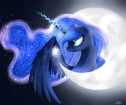 Size: 6000x5000 | Tagged: safe, artist:skajcia, princess luna, alicorn, pony, g4, absurd resolution, female, magic, moon, smiling, solo