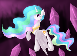 Size: 1000x727 | Tagged: safe, artist:skajcia, princess celestia, alicorn, pony, g4, crying, crystal, female, raised hoof, solo