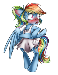 Size: 900x1169 | Tagged: safe, artist:moenkin, rainbow dash, pegasus, pony, g4, apron, bipedal, blushing, clothes, commission, embarrassed, female, mare, signature, simple background, solo, transparent background