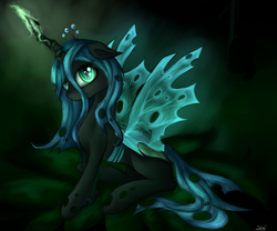 Size: 6000x5000 | Tagged: safe, artist:skajcia, queen chrysalis, changeling, changeling queen, g4, absurd resolution, crown, female, floppy ears, glowing, glowing horn, horn, jewelry, magic, regalia, sitting, smiling, solo, spread wings