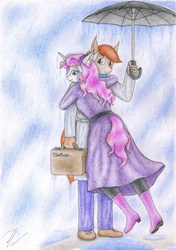 Size: 2455x3494 | Tagged: safe, artist:sinaherib, button mash, sweetie belle, anthro, g4, boots, briefcase, clothes, coat, crying, female, high res, hug, jacket, male, older, puddle, rain, ship:sweetiemash, shipping, shoes, straight, traditional art, umbrella