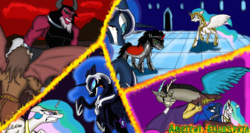 Size: 3753x2000 | Tagged: safe, artist:xxmarkingxx, discord, king sombra, lord tirek, nightmare moon, princess celestia, princess luna, scorpan, fall of the crystal empire, g4, action pose, armor, confrontation, fight, floppy ears, frown, grin, gritted teeth, high res, history, missing horn, rearing