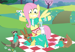 Size: 2600x1814 | Tagged: safe, artist:liggliluff, artist:wjmmovieman, fluttershy, ferret, mouse, pegasus, pony, rabbit, squirrel, g4, animal, assisted exposure, belly button, bipedal, clothes, clothing theft, dress, embarrassed, embarrassed underwear exposure, female, heart, heart print underwear, humiliation, panties, partially undressed, solo, torn clothes, underwear, undressing, vector, we don't normally wear clothes, white underwear