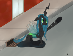 Size: 1599x1225 | Tagged: safe, artist:php8, queen chrysalis, changeling, changeling queen, g4, female, melting, solo, worried