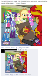 Size: 465x734 | Tagged: safe, applejack, fluttershy, pinkie pie, rainbow dash, rarity, sunset shimmer, twilight sparkle, equestria girls, g4, my little pony equestria girls: rainbow rocks, book, comments, eye of providence, facebook, illuminati, journey book, mane six