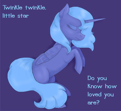 Size: 714x653 | Tagged: safe, artist:amber flicker, princess luna, alicorn, pony, g4, female, filly, lyrics, s1 luna, sleeping, solo, song reference, woona, younger