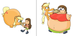 Size: 2000x1000 | Tagged: safe, artist:juacoproductionsarts, applejack, oc, human, g4, spike at your service, bellows, cartoon physics, inflation, persona