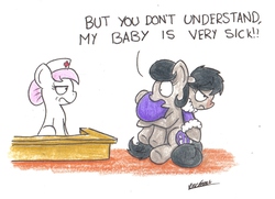 Size: 1695x1228 | Tagged: safe, artist:bobthedalek, nurse redheart, octavia melody, oc, oc:mixed melody, oc:octavia's mother, earth pony, pony, g4, bed mane, deep mothering, dressing gown, mothers gonna mother, nurse redheart is not amused, octavia is not amused, unamused