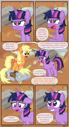 Size: 1280x2375 | Tagged: safe, artist:moemneop, applejack, derpy hooves, twilight sparkle, pegasus, pony, comic:return to equestria, g4, comic, female, i just don't know what went wrong, mare