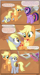 Size: 1280x2375 | Tagged: safe, artist:moemneop, applejack, derpy hooves, twilight sparkle, pegasus, pony, comic:return to equestria, g4, comic, female, mare