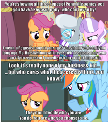 Size: 996x1116 | Tagged: safe, edit, edited screencap, screencap, diamond tiara, rainbow dash, scootaloo, silver spoon, earth pony, pegasus, pony, flight to the finish, g4, caption, coach rainbow dash, image macro, impact font, meme, quote, reference, scootalove, text, the iron giant