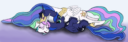 Size: 2848x934 | Tagged: safe, artist:ultrathehedgetoaster, princess celestia, princess luna, g4, duo, long neck, luna bagel, necc, princess necklestia, wat