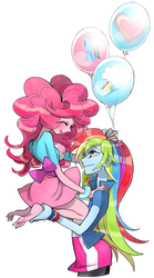 Size: 800x1438 | Tagged: safe, artist:memoneo, pinkie pie, rainbow dash, equestria girls, g4, balloon, barefoot, bracelet, breasts, busty pinkie pie, carrying, clothes, feet, female, implied lesbian, implied shipping, jewelry, lesbian, ship:pinkiedash, shipping, shirt, skirt, t-shirt, teenager, vest, wristband