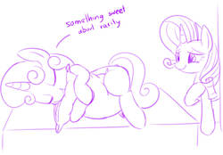 Size: 1264x882 | Tagged: safe, artist:mcsadat, rarity, sweetie belle, g4, dialogue, monochrome, pillow, pillow hug, sisters, sleeping