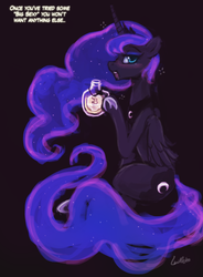 Size: 717x976 | Tagged: safe, artist:lumineko, princess luna, g4, alcohol, black background, dreamluna, female, simple background, solo, tumblr