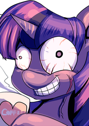 Size: 495x700 | Tagged: safe, artist:bakki, twilight sparkle, g4, bloodshot eyes, coffee, contemplating insanity, crazy face, insanity, twilight snapple