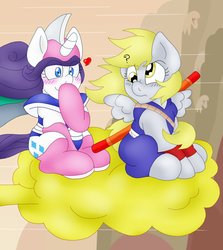 Size: 1544x1732 | Tagged: safe, artist:blackbewhite2k7, derpy hooves, rarity, g4, age regression, chichi, confused, crack shipping, derpity, dragon ball, female, filly, lesbian, midriff, nimbus cloud, nyoi-bo, shipping, son goku, younger
