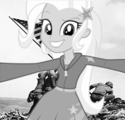 Size: 987x947 | Tagged: safe, trixie, equestria girls, g4, black and white, but first let me take a trixie, grayscale, ioto, iwo jima, meme, photobomb