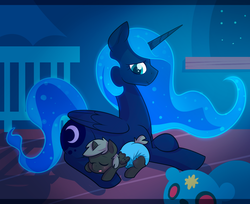 Size: 2000x1628 | Tagged: source needed, safe, artist:cuddlehooves, princess luna, oc, oc:dusk shadow, alicorn, pony, g4, crib, cute, dark, diaper, foal, maternaluna, night, poofy diaper, sleeping, stars, window