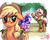 Size: 1100x873 | Tagged: safe, artist:whitediamonds, applejack, rarity, trenderhoof, earth pony, pony, unicorn, rarijack daily, g4, season 4, simple ways, angry, apple, applejack's hat, basket, bedroom eyes, blushing, clothes, cowboy hat, female, floppy ears, food, glasses, hat, jealous, lesbian, love triangle, male, mare, open mouth, rhinestone rarihick, ship:rarijack, shipping, smiling, stallion, sweat, sweater, tree, trio