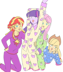 Size: 700x800 | Tagged: safe, artist:misochikin, applejack, fluttershy, sunset shimmer, twilight sparkle, equestria girls, g4, clothes, pajamas, pixiv, slumber party