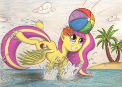 Size: 1057x755 | Tagged: safe, artist:thefriendlyelephant, oc, oc only, pegasus, pony, beach ball, island, ocean, palm tree, playing, smiling, solo, splash, traditional art, tree, tropical, water