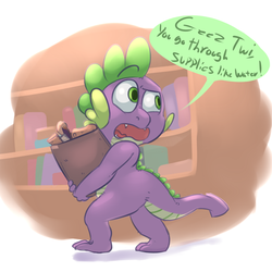 Size: 1280x1280 | Tagged: safe, artist:imsokyo, spike, dragon, daily life of spike, g4, book, male, open mouth, solo, supplies, tumblr