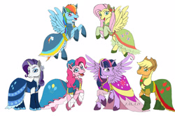 Size: 2487x1647 | Tagged: safe, artist:maggiesheartlove, applejack, fluttershy, pinkie pie, rainbow dash, rarity, twilight sparkle, alicorn, pony, g4, clothes, dress, female, mane six, mare, twilight sparkle (alicorn)