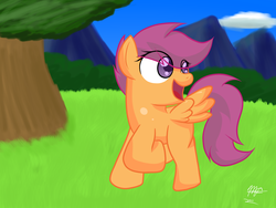 Size: 1400x1050 | Tagged: safe, artist:mister-markers, scootaloo, pegasus, pony, g4, day, female, looking back, mare, solo, tree