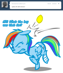 Size: 660x770 | Tagged: safe, artist:lazy, rainbow dash, pegasus, pony, ask dashed rainbow, g4, ask, dashabuse, dashed rainbow, female, injured, lemon, mare, solo, tumblr