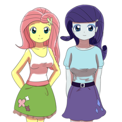 Size: 1000x1000 | Tagged: safe, artist:aggai, fluttershy, rarity, equestria girls, g4, clothes, pixiv, skirt, tank top