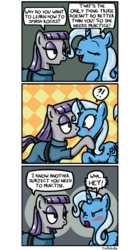 Size: 500x896 | Tagged: safe, artist:foudubulbe, maud pie, trixie, earth pony, pony, unicorn, comic:damp rocks, g4, 3 panel comic, blushing, comic, female, kiss on the lips, kissing, lesbian, mare, open mouth, ship:mauxie, shipping, surprise kiss, surprised