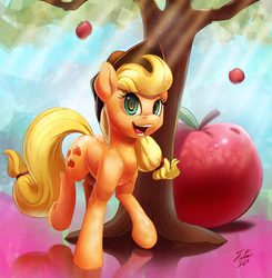 Size: 900x919 | Tagged: safe, artist:tsitra360, applejack, g4, apple, female, giant apple, open mouth, smiling, solo, tree