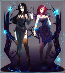Size: 3456x3880 | Tagged: safe, artist:koveliana, oc, oc only, oc:maneia, oc:nocturna, human, black hair, chromatic aberration, clothes, dress, high res, horn, humanized, megalomaneia, obsession is magic, purple hair, stockings