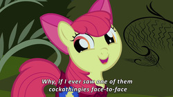 Size: 1280x720 | Tagged: safe, screencap, apple bloom, earth pony, pony, g4, stare master, caption, cockathingies, faic, female, filly, out of context, solo