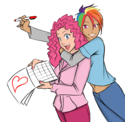 Size: 689x671 | Tagged: safe, artist:eve-ashgrove, pinkie pie, rainbow dash, human, art pack:my little sweetheart, g4, belly button, calendar, cutey confidential, grin, heart, hug, humanized, looking at you, marker, midriff, open mouth, smiling