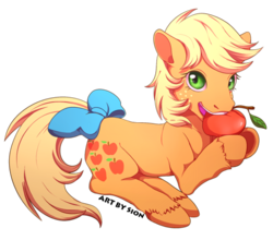Size: 550x484 | Tagged: dead source, safe, artist:sion, applejack (g1), g1, alternate hairstyle, apple, bow, female, simple background, solo, tail bow, transparent background