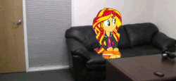 Size: 500x229 | Tagged: safe, artist:alui, sunset shimmer, equestria girls, g4, my little pony equestria girls: rainbow rocks, animated, bopping shimmer, casting couch, equestria girls in real life, irl, photo, ponies in real life, solo, this will end in creampie, this will end in snu snu, this will end in tears