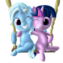 Size: 1700x1700 | Tagged: dead source, safe, artist:dcencia, trixie, twilight sparkle, pony, unicorn, g4, duo, female, filly, mare