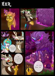 Size: 1600x2211 | Tagged: safe, artist:vavacung, discord, princess celestia, twilight sparkle, oc, oc:paper mache, alicorn, pony, comic:to love god - to love mortal, g4, barrier, bevor, boot, colored horn, comic, corrupted, crossed arms, croupiere, crown, curved horn, dark magic, female, force field, future twilight, horn, jewelry, lollipop, magic, mare, mouth hold, open mouth, regalia, saddle, smiling, sombra eyes, sombra horn, sunglasses, tack, twilight scepter, twilight sparkle (alicorn)