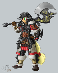 Size: 1200x1500 | Tagged: safe, artist:melancholy, applejack, earth pony, anthro, g4, armor, axe, convincing armor, crossover, final fantasy, final fantasy xiv, warrior, weapon