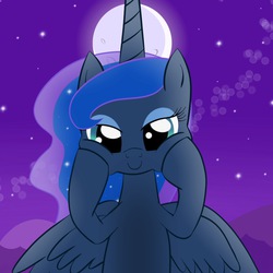 Size: 2048x2048 | Tagged: safe, artist:bratzoid, princess luna, g4, female, high res, looking at you, moon, night, smiling, solo, spread wings, squishy cheeks, stars